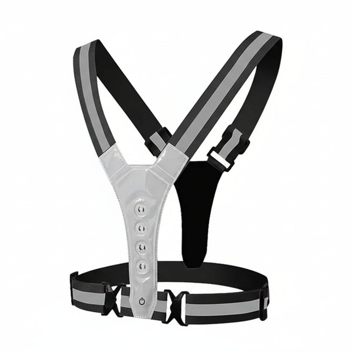 Rechargeable LED reflective vest for continuous night safety during runs, rides, & walks.