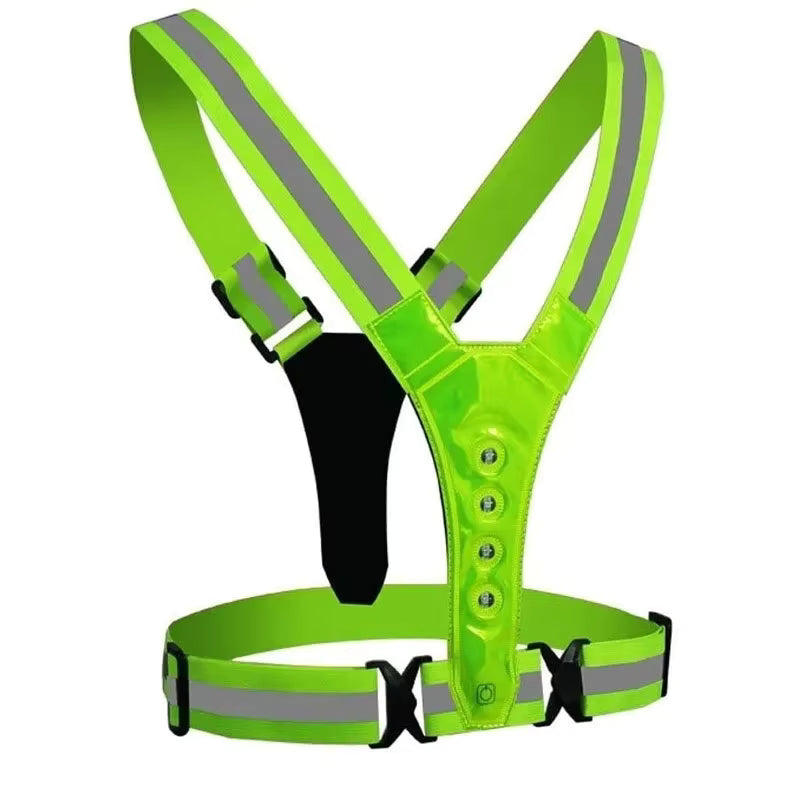 Bright orange LED reflective running vest, rechargeable for optimal night safety & visibility outdoors.