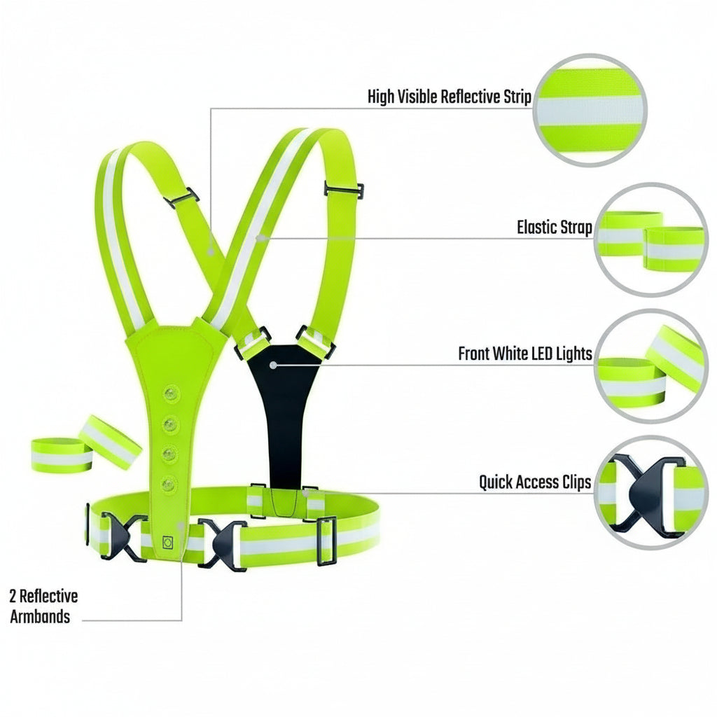 Versatile LED safety vest for runners, cyclists, & walkers; maximizes night visibility & outdoor safety.