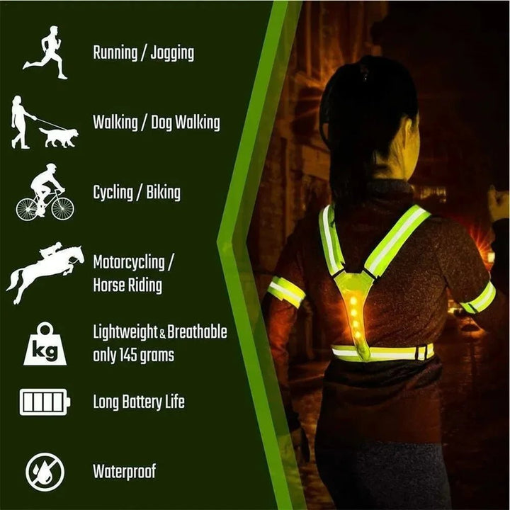 Lightweight unisex LED reflective vest ensures comfort, high visibility, and night safety for fitness.