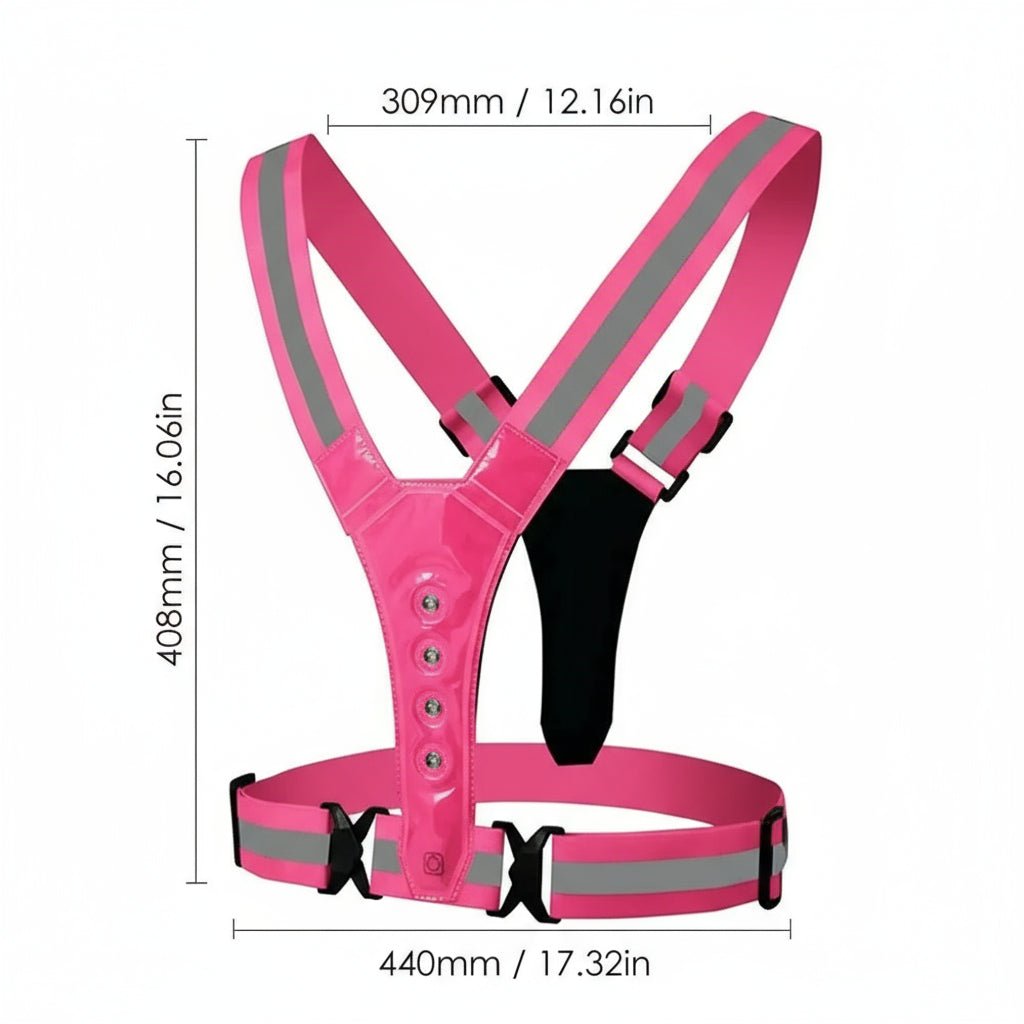 Pink LED reflective running vest for men & women, ensuring high night visibility and outdoor safety.