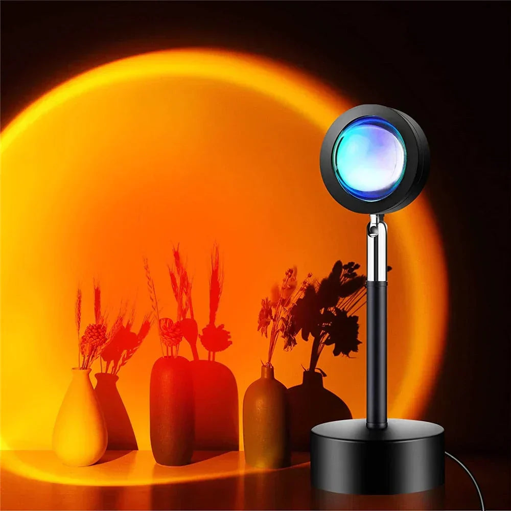 Unisex LED sunset projector lamp with multiple colors creating ambient mood lighting for bedrooms.