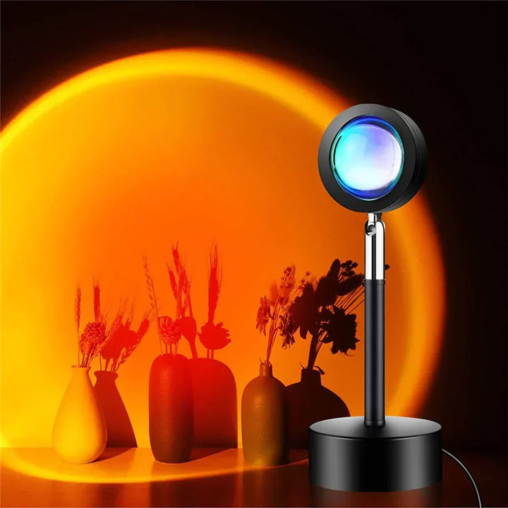 Unisex LED sunset projector lamp with multiple colors creating ambient mood lighting for bedrooms.