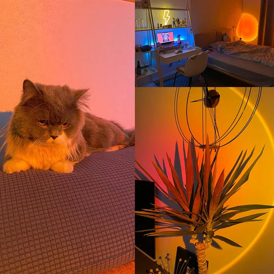 Bedroom decor: Multi-color LED sunset projector lamp casting a warm, romantic ambiance.