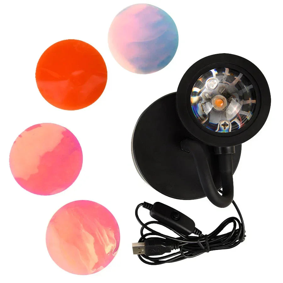 Compact LED sunset projector light, ideal for desktop mood lighting or photography backdrop.