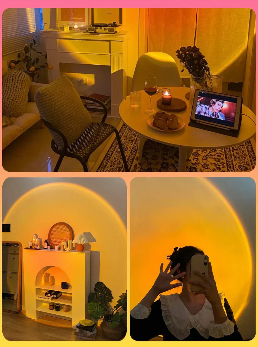Portable USB LED projector lamp, creating dynamic sunset and rainbow effects for any room.