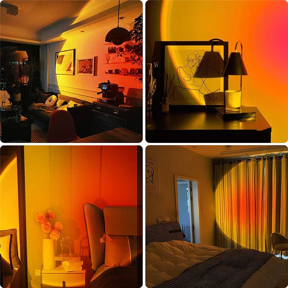 Ambient LED light: Sunset projector lamp enhancing bedroom decor with romantic, colorful projections.