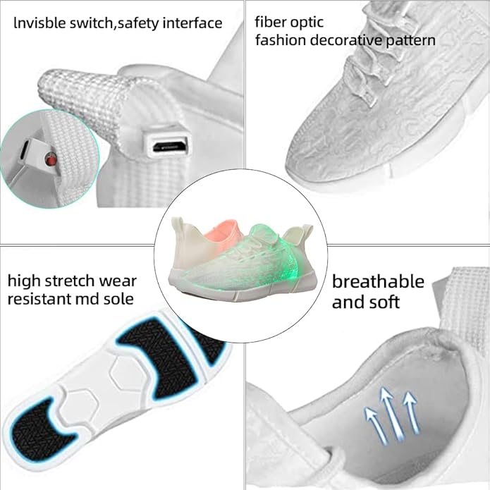 Rechargeable LED glow sneakers for kids, designed for vibrant style and safety during night activities.