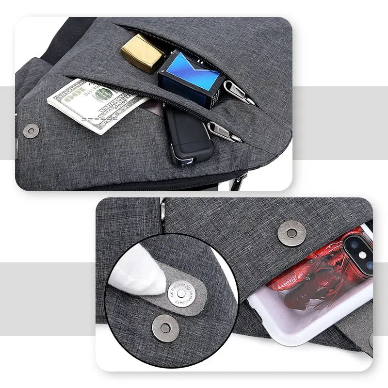 RFID blocking shoulder bag for secure travel, lightweight and comfortable for all-day wear.