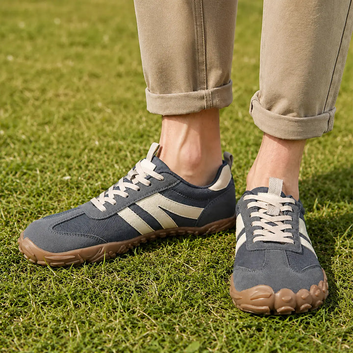 Lightweight trail shoes, wide fit, unisex, promoting natural foot movement and comfort.