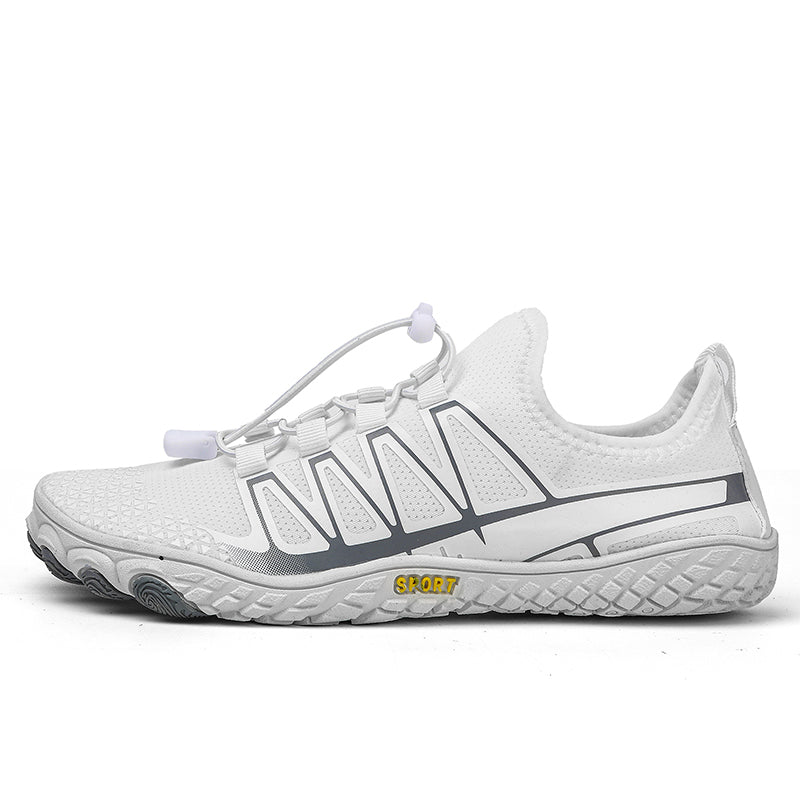 Side view of unisex barefoot running shoes, emphasizing their flexible, minimalist design.