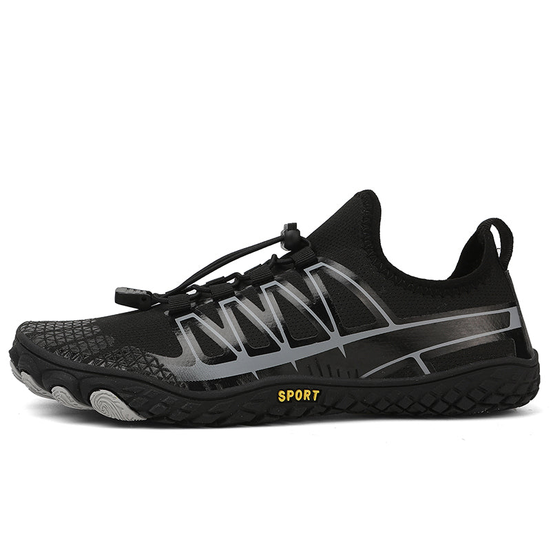 Front view of black unisex barefoot running shoes, highlighting the wide toe box.