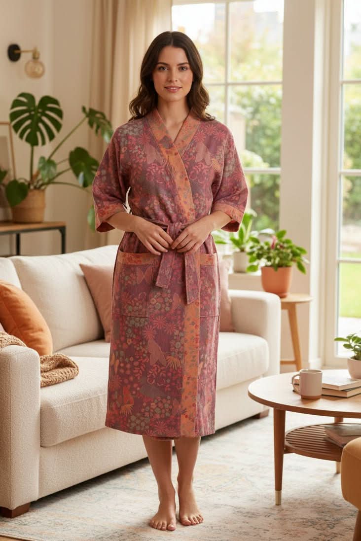 Unisex lightweight comfort bathrobe with a tie waist for relaxing loungewear. Soft & cozy home wear.