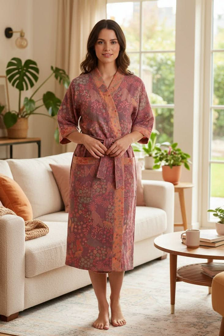 Unisex lightweight comfort bathrobe with a tie waist for relaxing loungewear. Soft & cozy home wear.