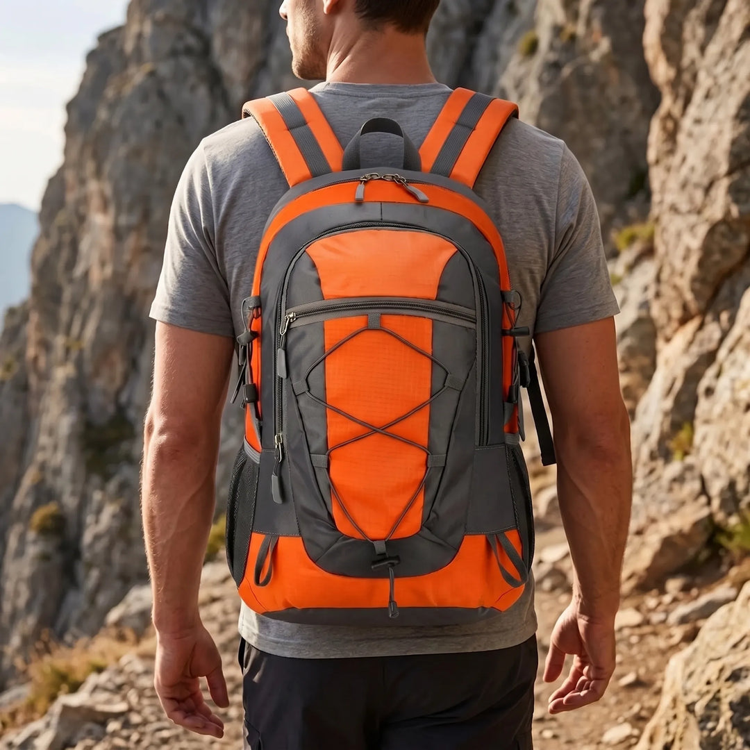 Unisex lightweight hiking backpack in black, perfect for outdoor trails & day trips. Durable nylon daypack.