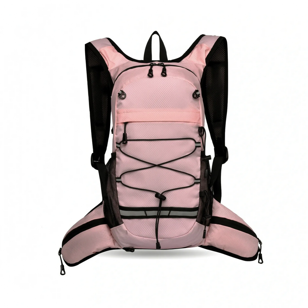 Close-up of durable, water-resistant fabric on a lightweight hiking daypack. Adventure-ready outdoor gear.