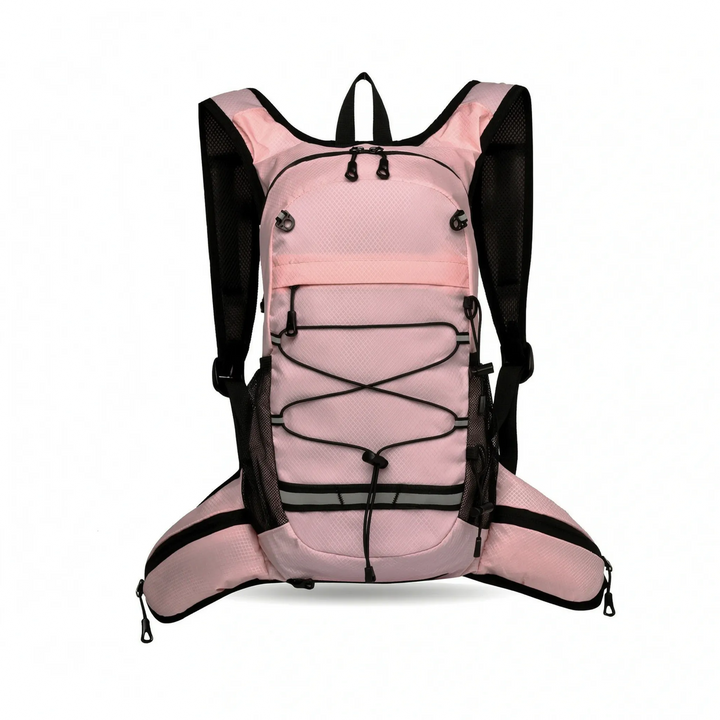 Close-up of durable, water-resistant fabric on a lightweight hiking daypack. Adventure-ready outdoor gear.