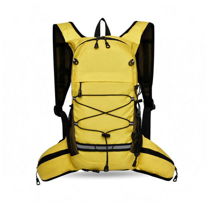 Hiker wearing a lightweight unisex daypack on a scenic trail. Ready for outdoor adventures & travel.