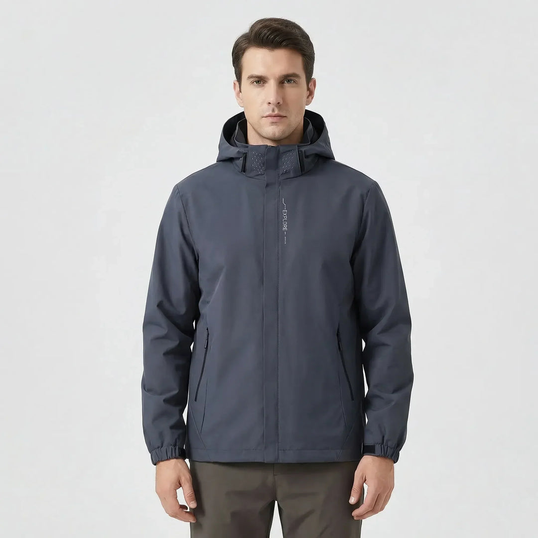 Packable unisex lightweight rain jacket with hood, ideal for travel, hiking, and active outdoor adventures.