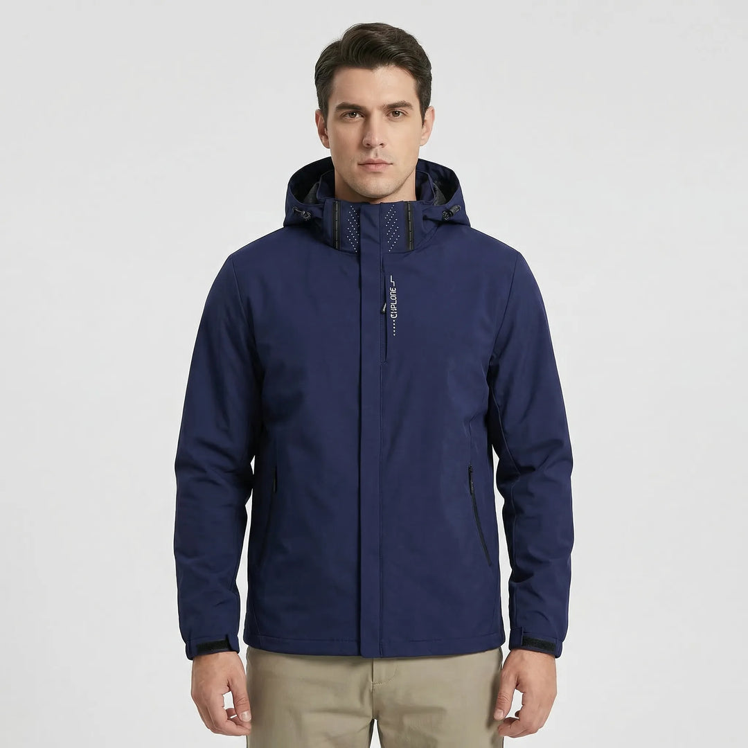 Woman in a black lightweight hooded rain jacket, designed for comfortable outdoor activewear & weather protection.