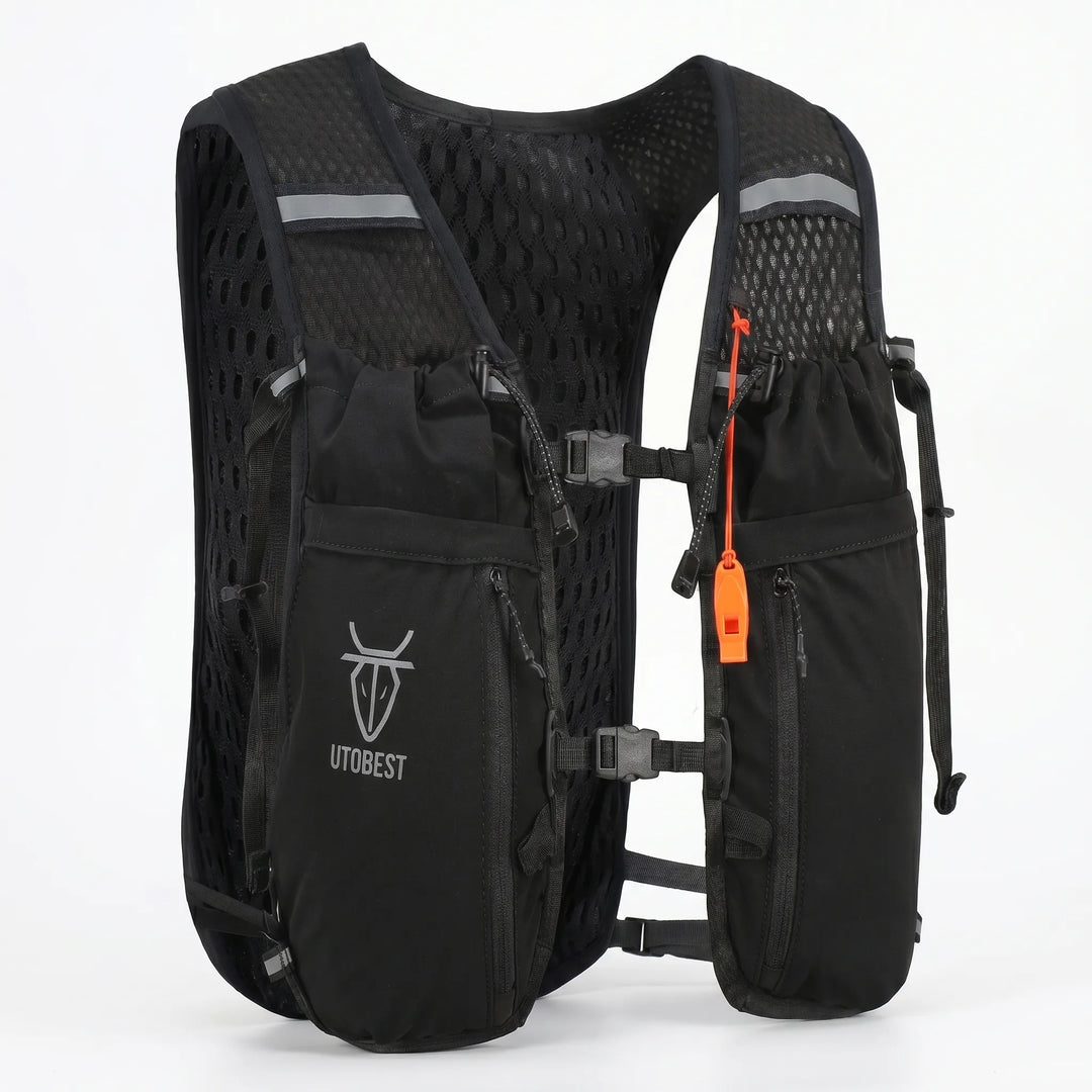 Hydration running vest with multiple pockets for marathon & jogging gear.