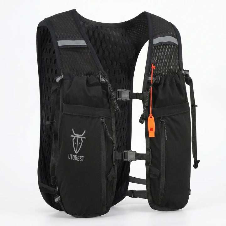 Hydration running vest with multiple pockets for marathon & jogging gear.