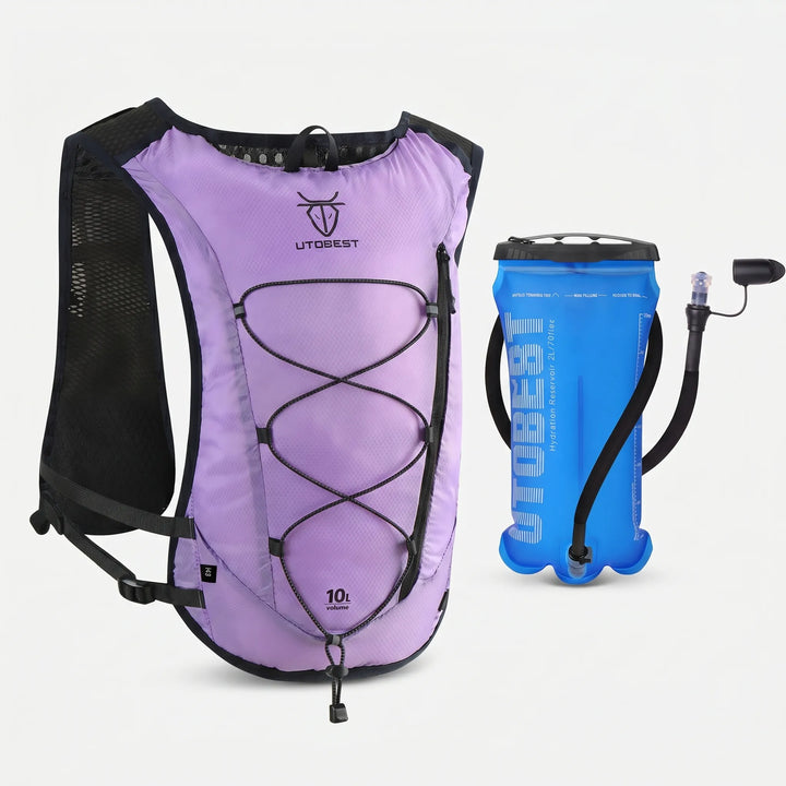 Hydration running gear vest with reflective elements for safety on trails.