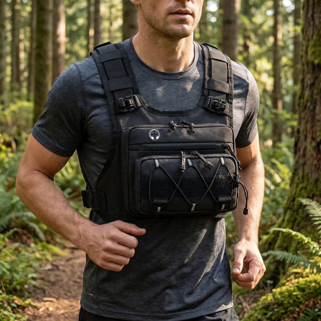 Unisex lightweight running hydration chest vest with multiple pockets, ideal for outdoor sports and essentials.