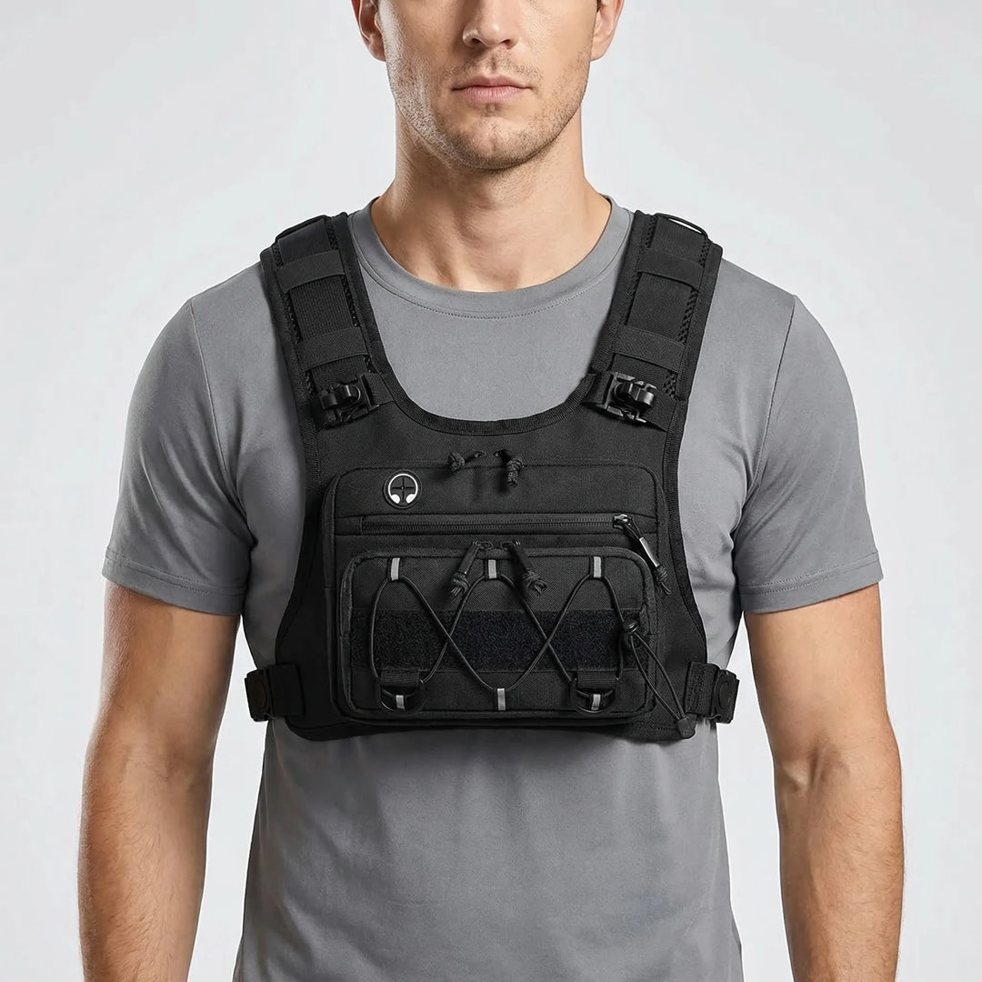 Runner wearing a lightweight hydration pack running vest, perfect for trail running, cycling or hiking adventures.