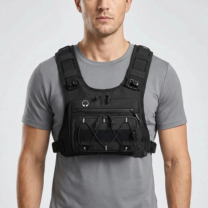 Runner wearing a lightweight hydration pack running vest, perfect for trail running, cycling or hiking adventures.