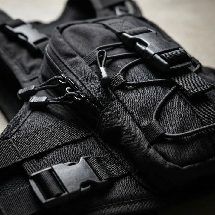 Front view of a lightweight running vest showing secure pockets for phone, keys & energy gels. Essential gear.