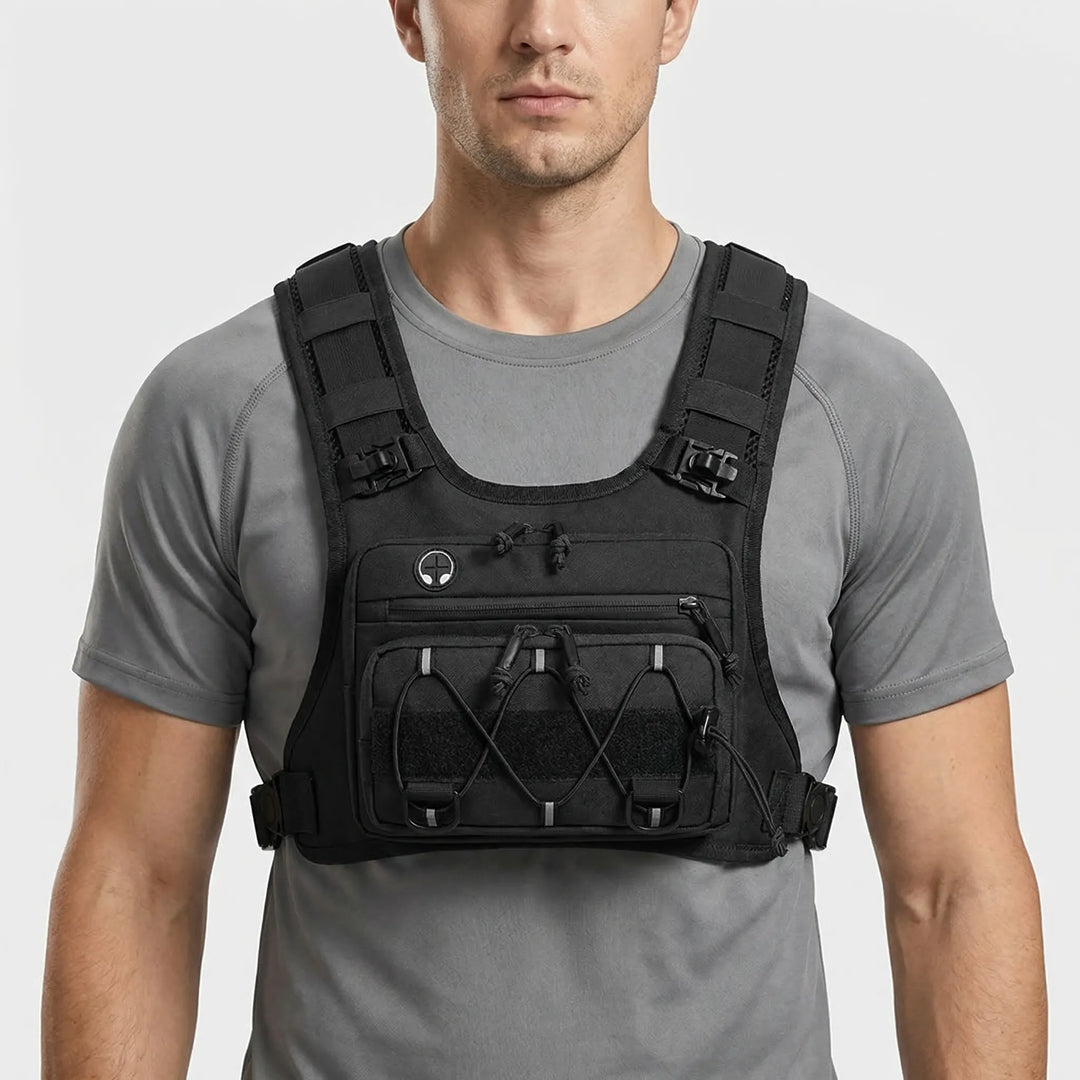 Back view of a hydration pack running vest with reservoir compartment. Essential lightweight outdoor gear.