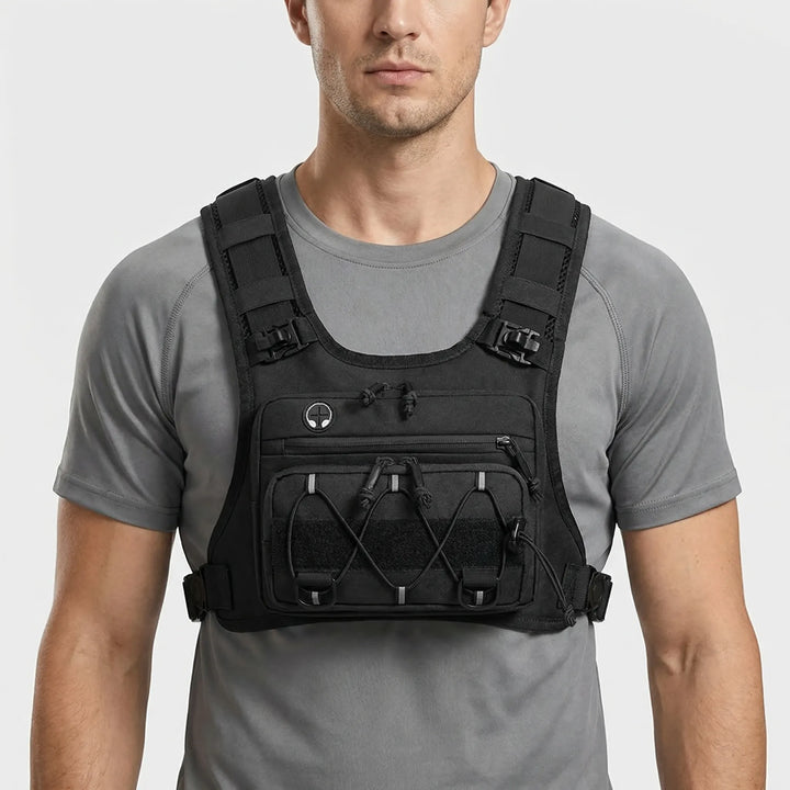 Back view of a hydration pack running vest with reservoir compartment. Essential lightweight outdoor gear.