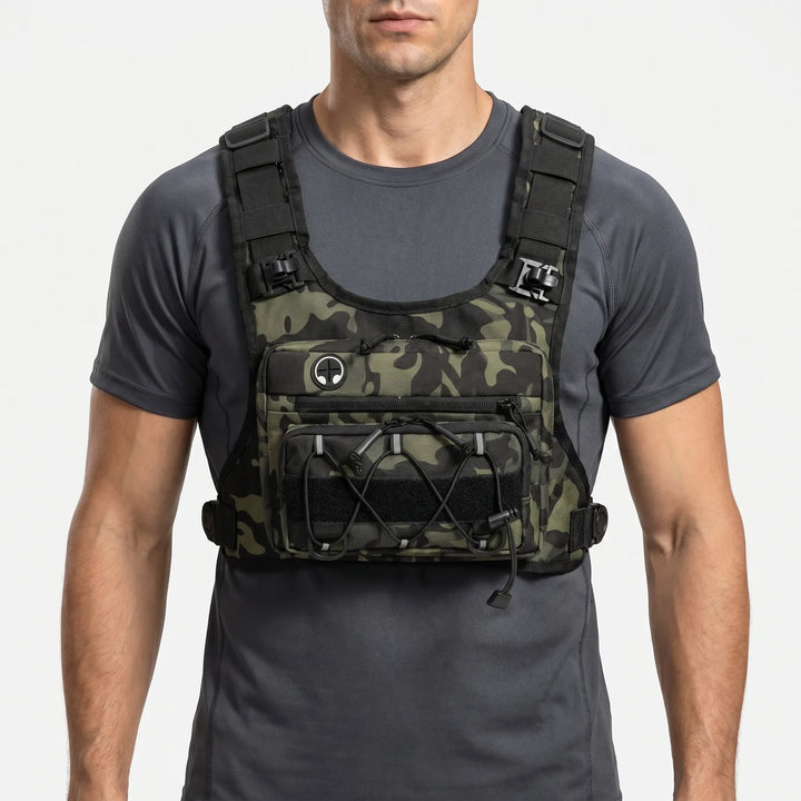 Lightweight running hydration chest vest packed with essentials for trail running, hiking, and outdoor cycling.