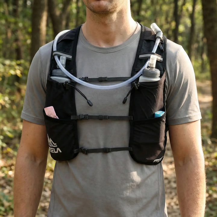 Unisex lightweight running hydration vest with multiple pockets for trail running & marathon gear.