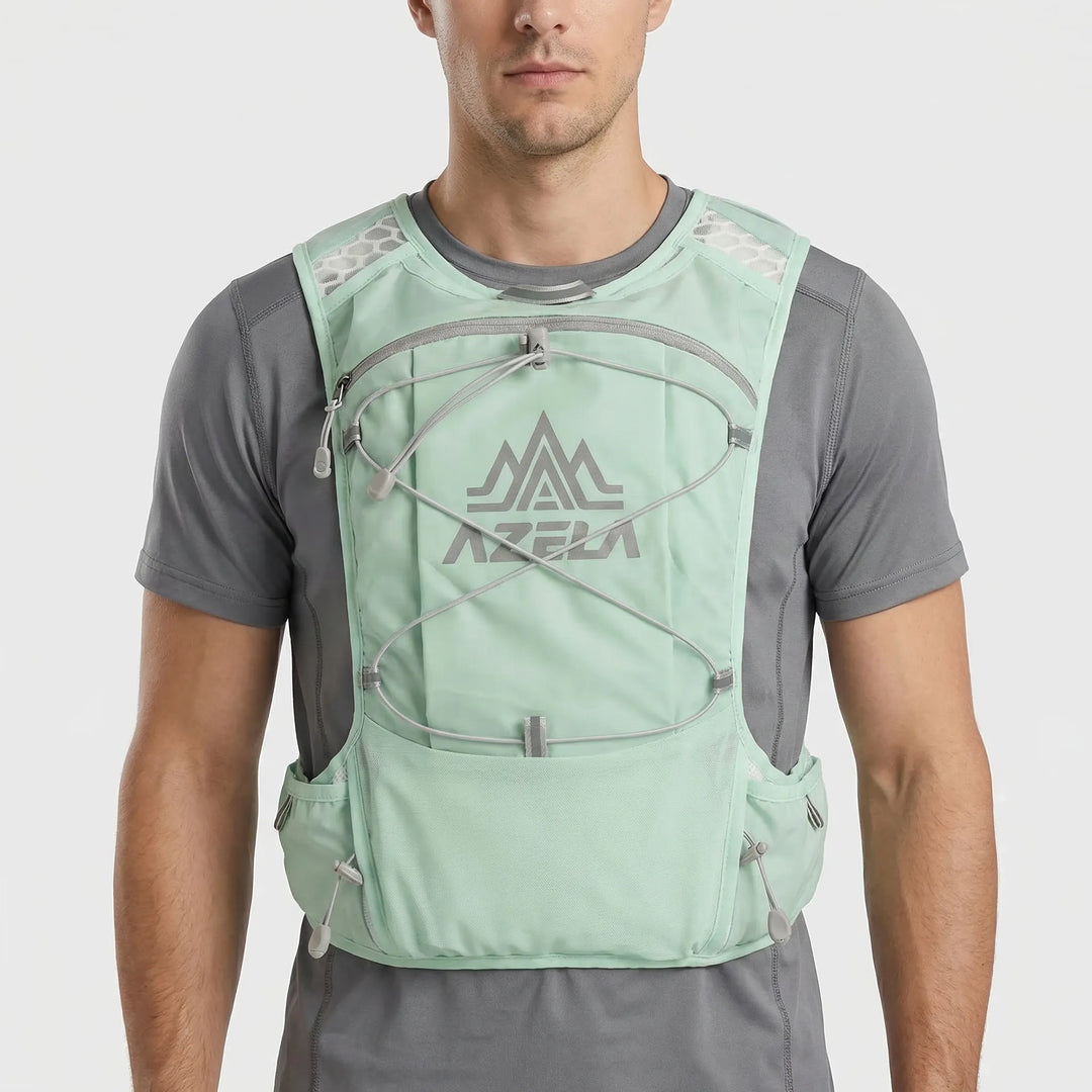Sleek running gear hydration vest, lightweight design with storage for essentials during marathons.