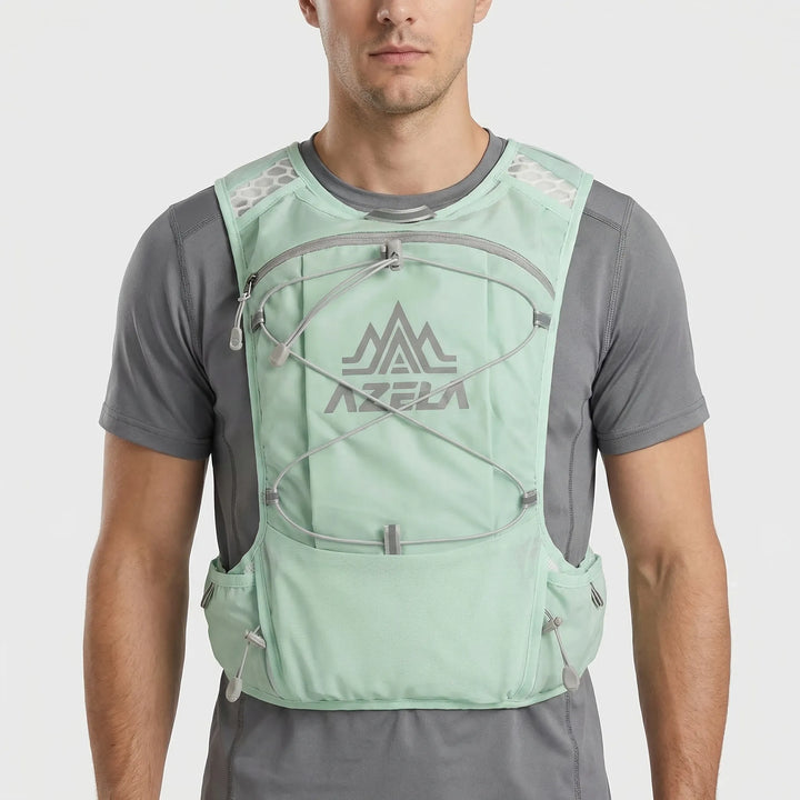 Sleek running gear hydration vest, lightweight design with storage for essentials during marathons.