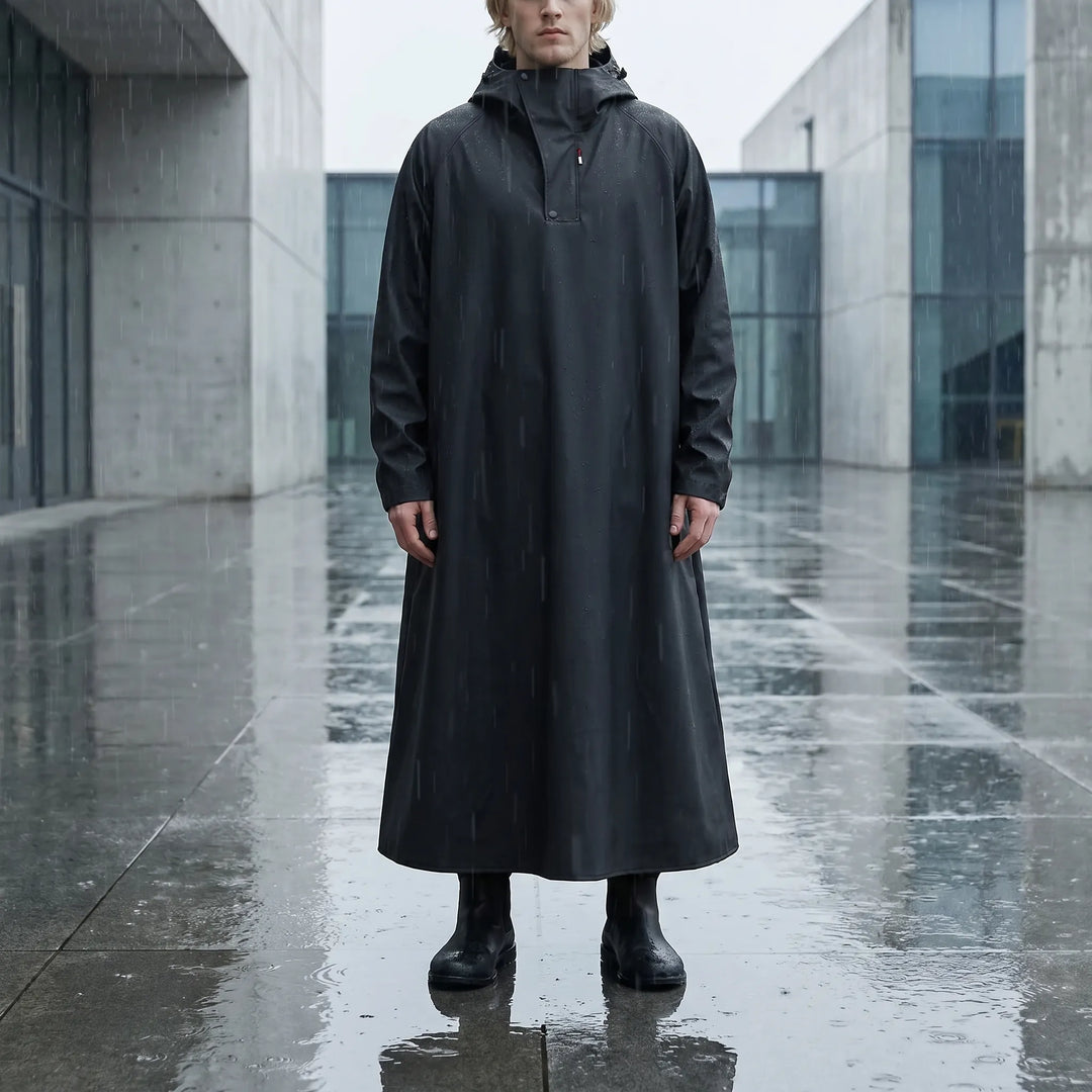 Unisex long hooded rain jacket, full-length waterproof riding gear for ultimate wet weather protection & commuting.