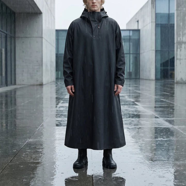 Unisex long hooded rain jacket, full-length waterproof riding gear for ultimate wet weather protection & commuting.