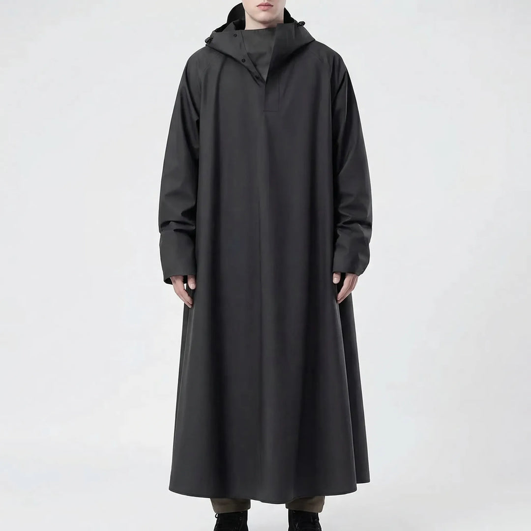 Durable unisex long hooded rain jacket, waterproof & full-length, ideal protective apparel for all-weather riding.
