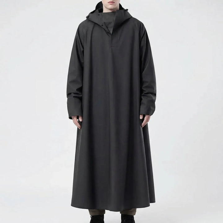 Durable unisex long hooded rain jacket, waterproof & full-length, ideal protective apparel for all-weather riding.