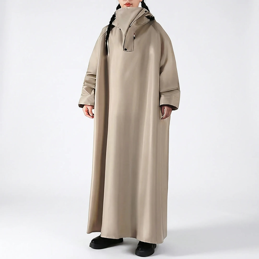 Unisex long hooded rain jacket, full-length poncho style, waterproof for riding & ultimate wet weather protection.