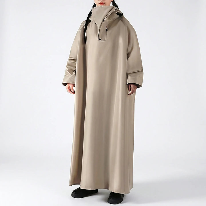 Unisex long hooded rain jacket, full-length poncho style, waterproof for riding & ultimate wet weather protection.