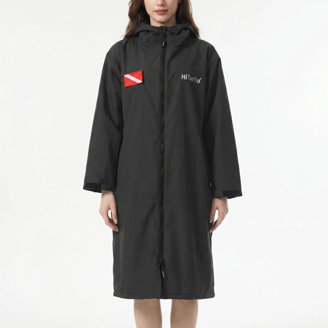 Warm hooded changing robe for water sports. Quick-dry surf poncho & swim cover-up for post-swim privacy.