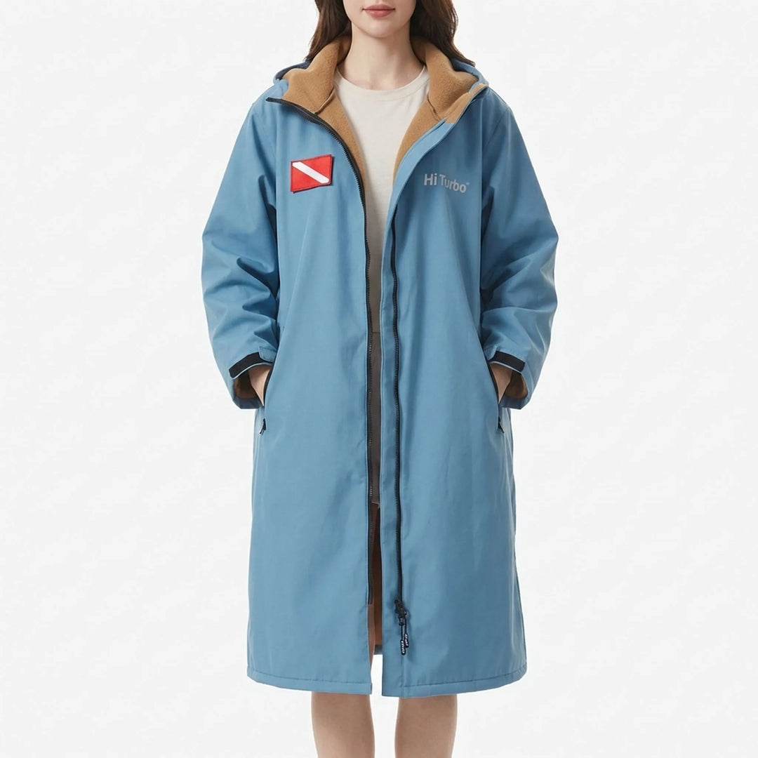 Outdoor apparel changing robe. Unisex long-sleeve hooded poncho for quick-dry privacy and warmth after water sports.