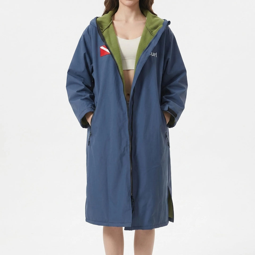 Multi-purpose long-sleeve changing robe. Quick-dry hooded surf poncho & swim cover-up for beach and water activities.