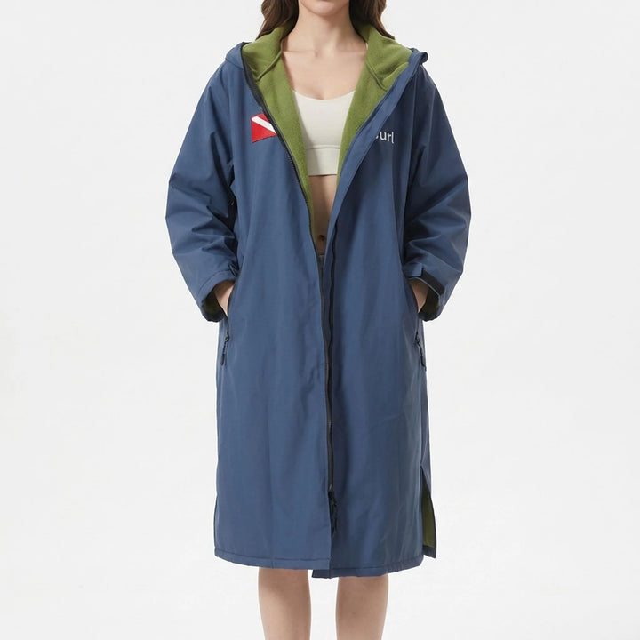 Multi-purpose long-sleeve changing robe. Quick-dry hooded surf poncho & swim cover-up for beach and water activities.