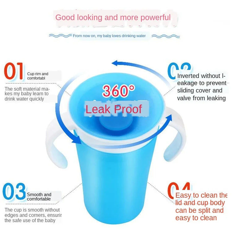 Set of three Magic 360° Spill-Proof Baby Cups (blue, pink, green), 240ml, for child care