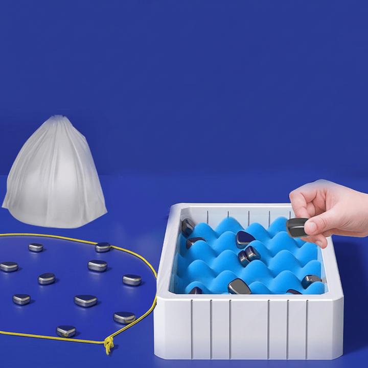 View of magnetic chess game with sleek board & pieces. Unisex design, promotes strategic thinking & concentration skills.