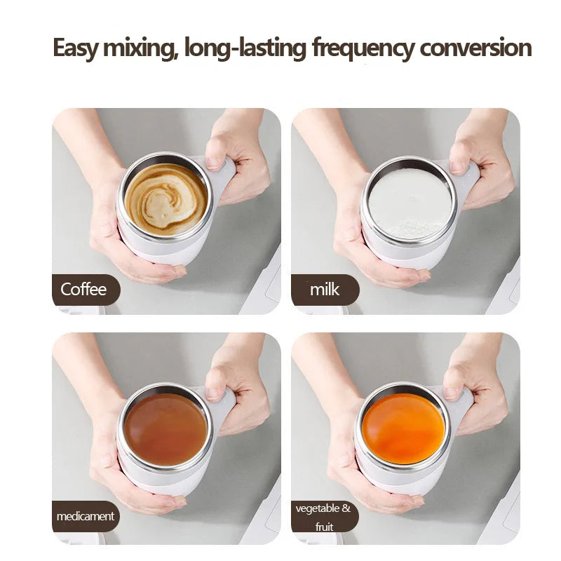Magnetic stirring coffee mug in stainless steel, great for on-the-go mixing